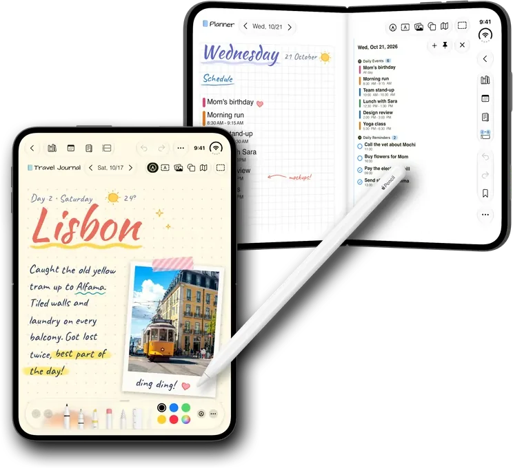iPhone Duo held tall with the Apple Pencil tools open on a travel page and an Apple Pencil on it, a Duo held like a book behind it