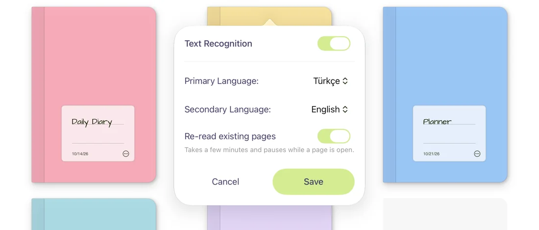 A journal’s Text Recognition settings with Turkish as the primary language and English as the secondary one