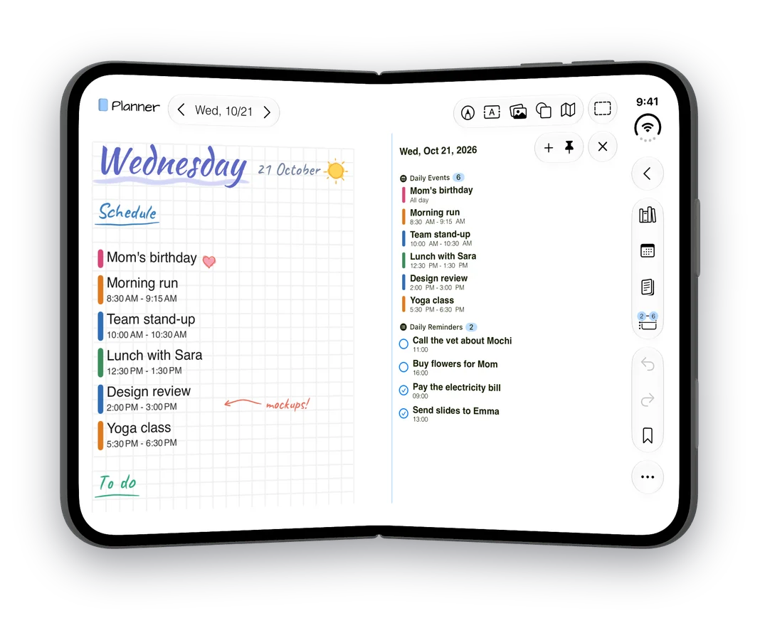 Penjo on iPhone Duo held like a book: a planner page on the left, the day’s events and reminders on the right