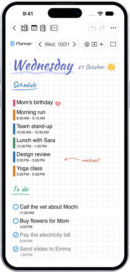 Penjo 3.8 on iPhone: a planner page under glass toolbars