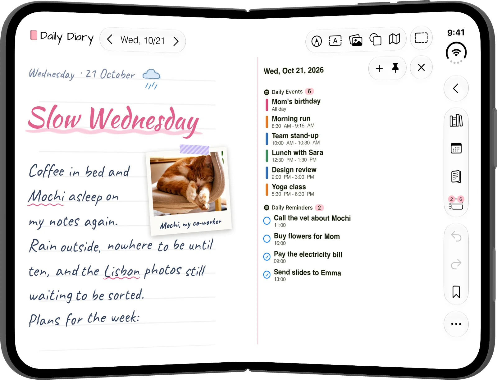 iPhone Duo held like a book: a handwritten diary page titled Slow Wednesday on the left, the day’s events and reminders on the right