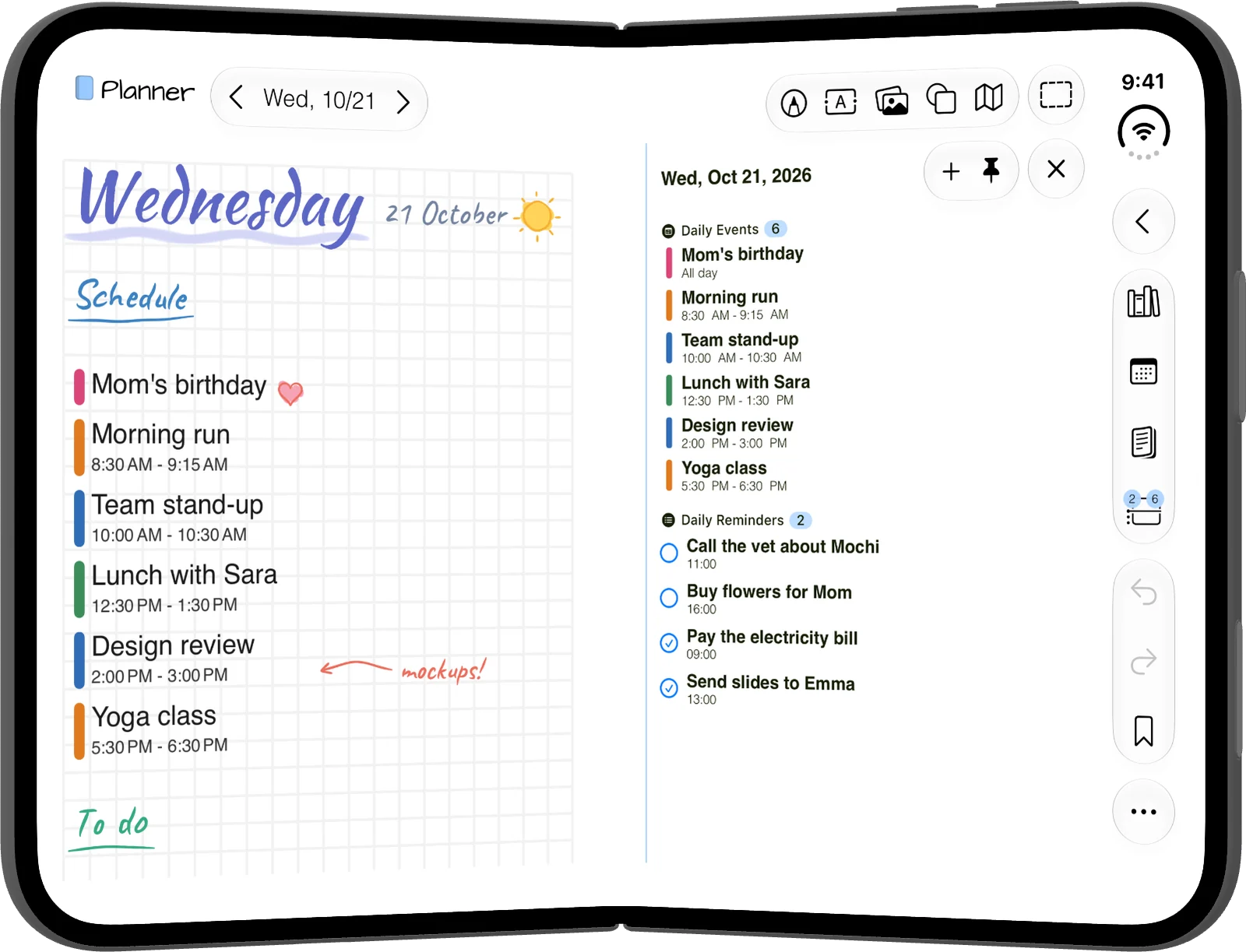 iPhone Duo held like a book: a planner page with a handwritten schedule on the left, the day’s events and reminders on the right