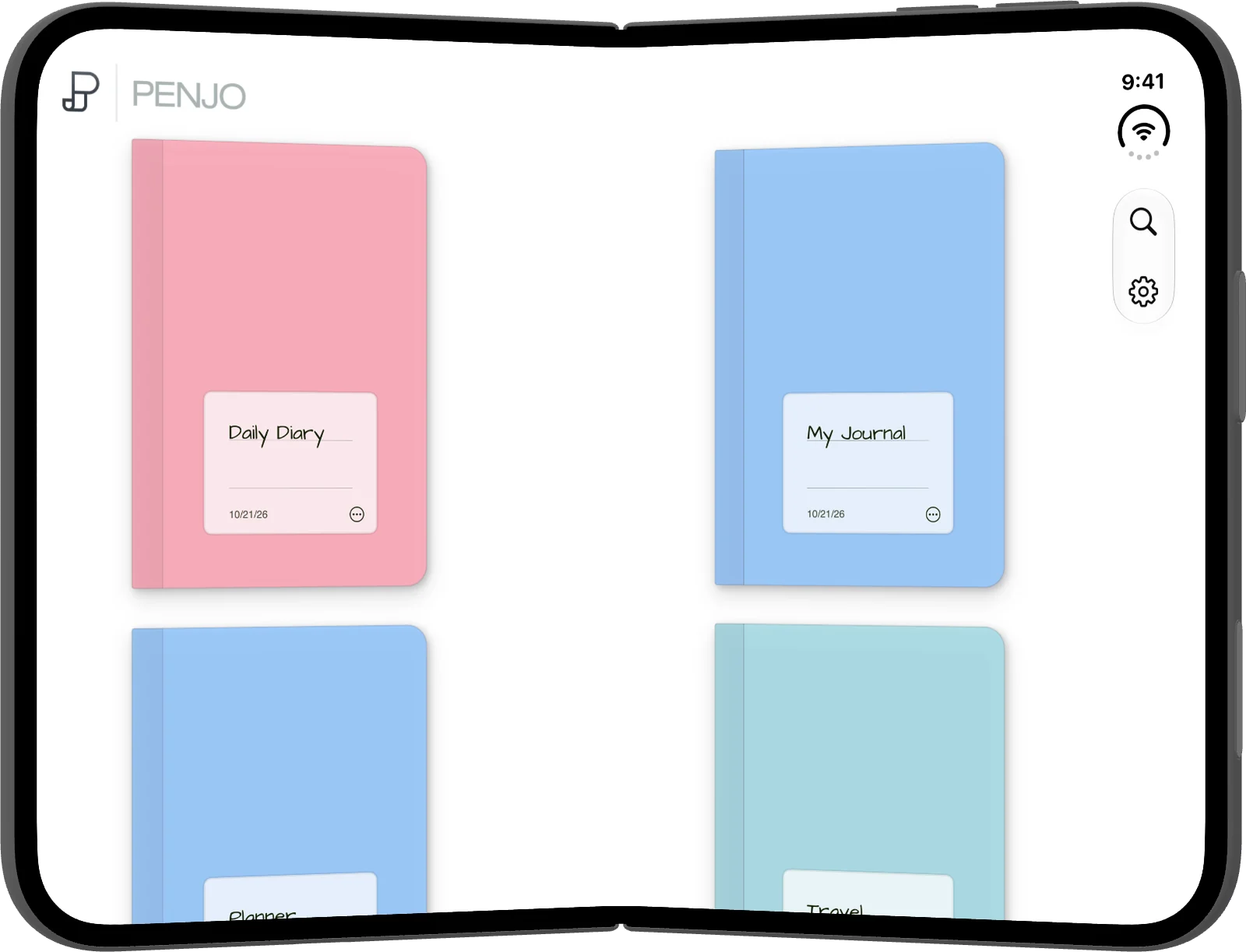 iPhone Duo held like a book, showing the journal list with covers on both sides of the fold