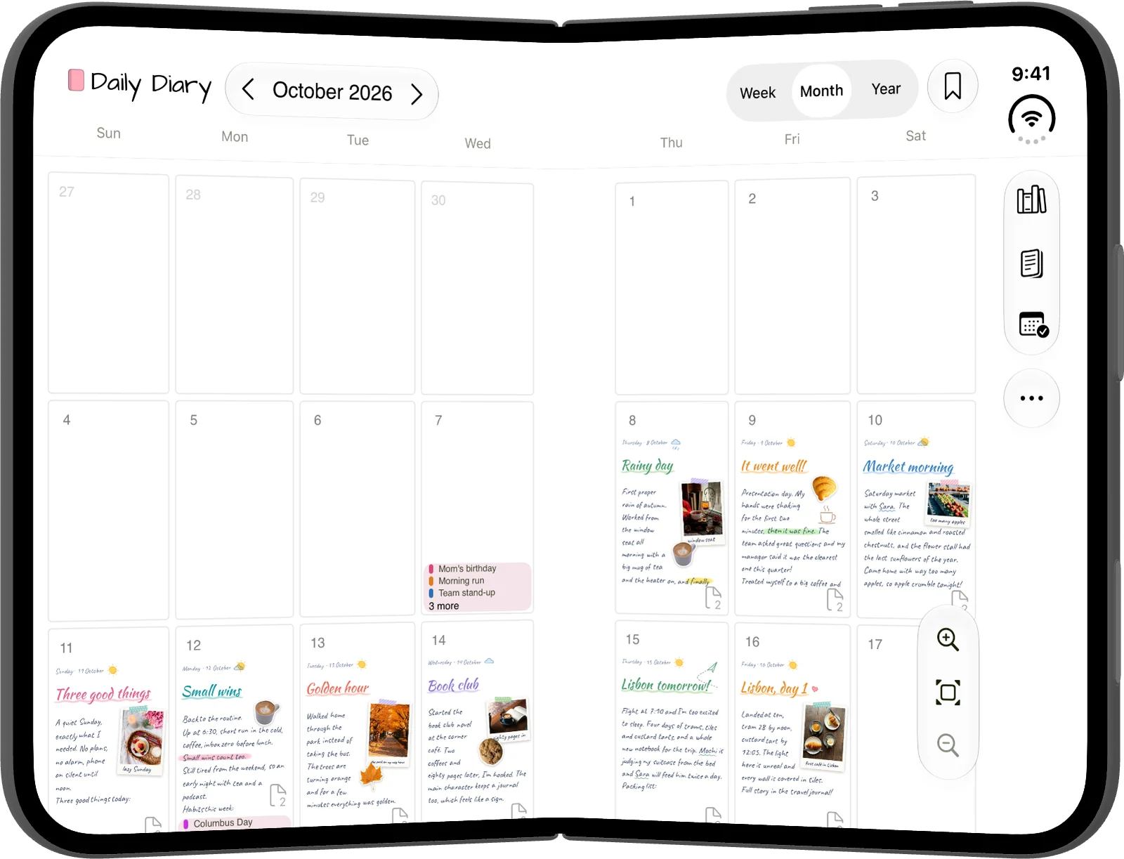 iPhone Duo held like a book, showing October with diary pages in the day cells and a gap at the fold