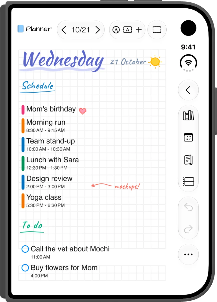 iPhone Duo closed: a planner page with the day’s events and reminders