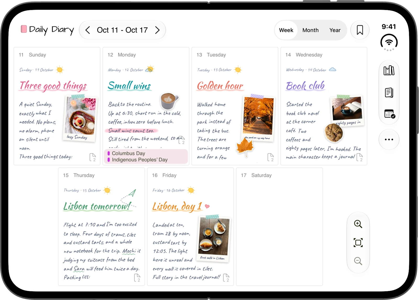 The week view on the open iPhone Duo, with seven diary pages and their events