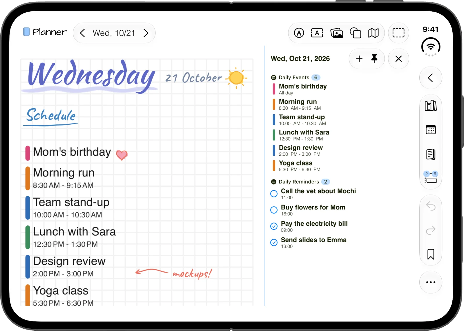 The open iPhone Duo in landscape: a planner page with a handwritten schedule and the day’s events and reminders in a side panel