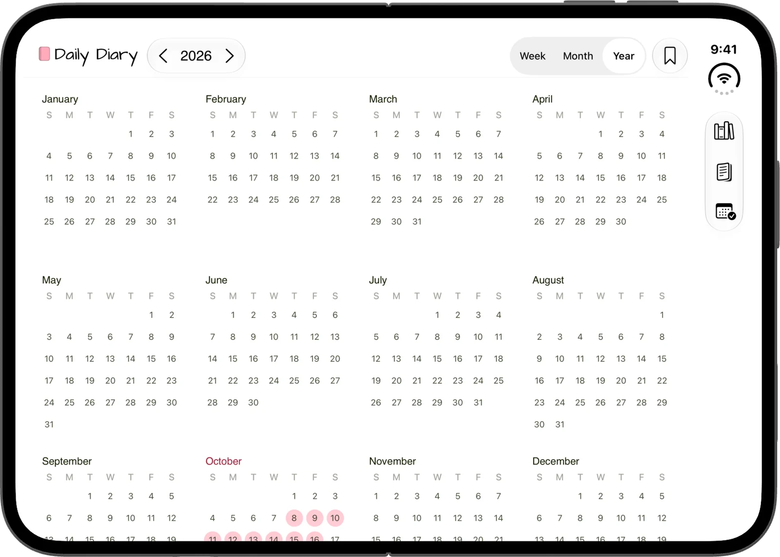 The year 2026 on the open iPhone Duo, with the days you wrote on marked
