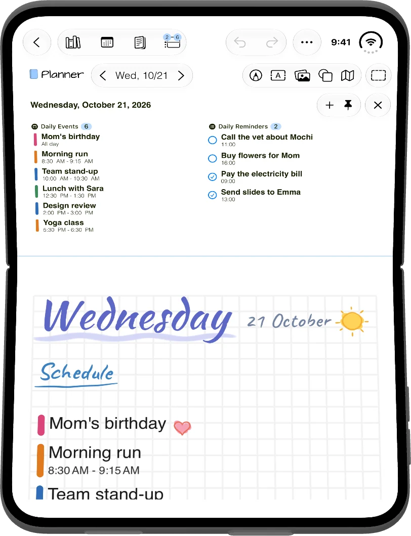 iPhone Duo half open: the day’s events and reminders in the upright half, a planner page in the flat half