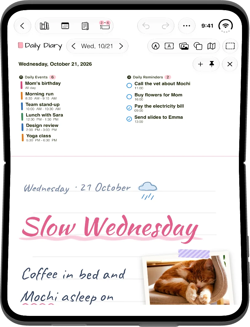iPhone Duo half open: events and reminders in the upright half, a handwritten diary page in the flat half