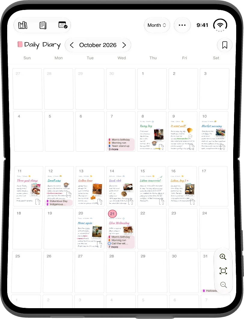 iPhone Duo half open, showing October with rows above and below the fold