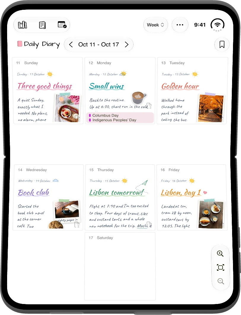iPhone Duo half open, showing a week of diary pages with a row break at the fold