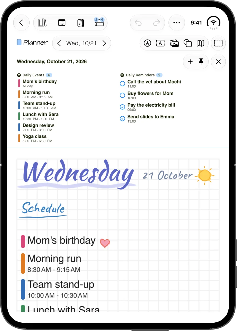 The open iPhone Duo held upright: the day’s events and reminders above a planner page